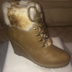 Nanette Lenore Tan Faux Fur Lace Up Ankle Boots